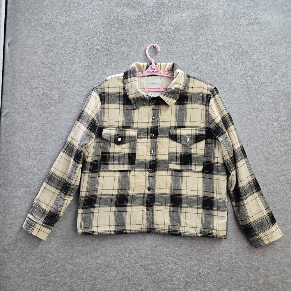 Lucky Brand Women Button Up Shirt L Beige Plaid Flannel Sherpa Snap Front